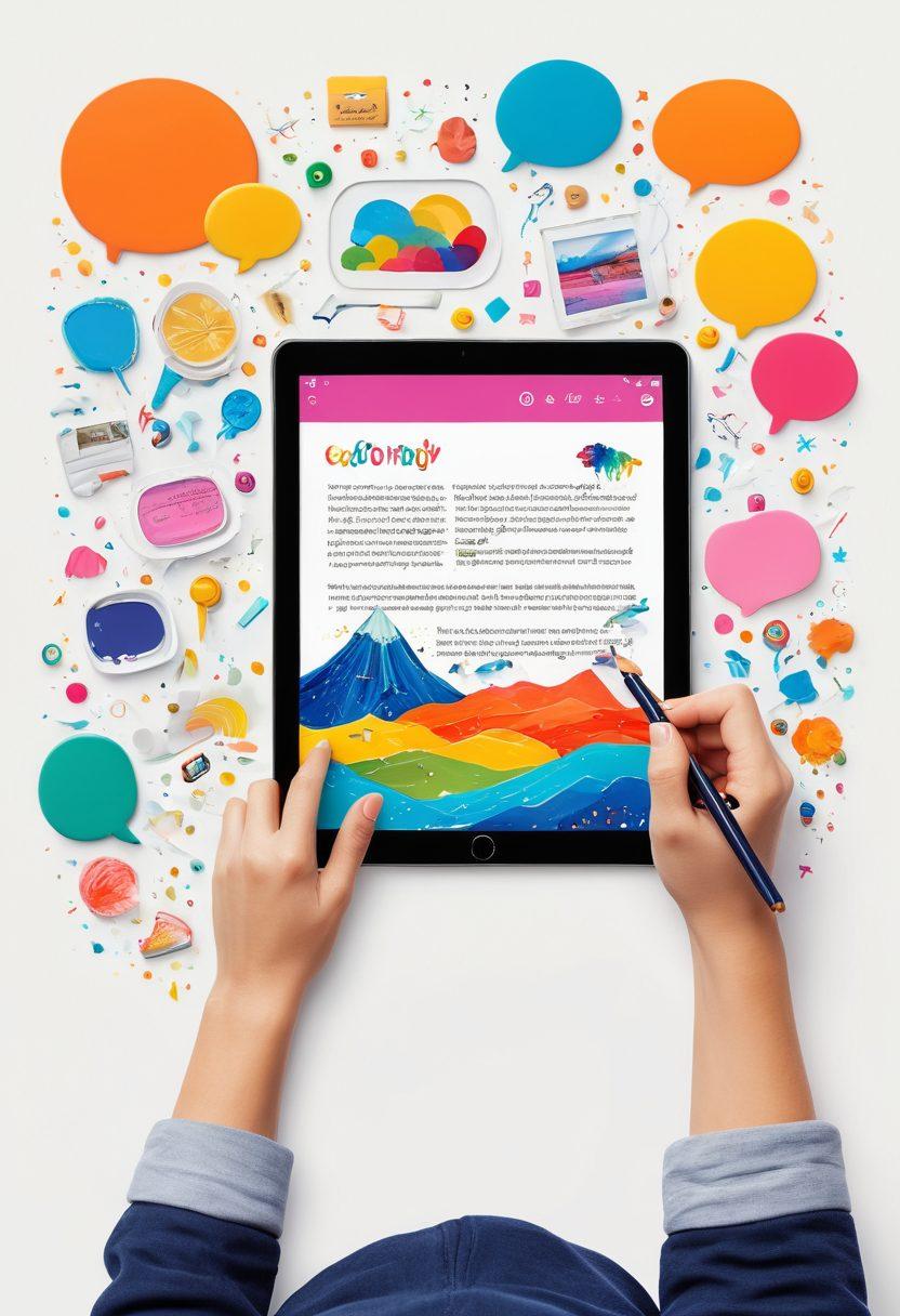 A vibrant digital landscape showcasing a person crafting a colorful digital diary on a tablet, surrounded by various hobbies like painting, writing, and photography. Include whimsical elements like floating text bubbles with inspirational quotes, and icons representing different hobbies. Bright and engaging colors enhance the creative atmosphere. super-realistic. vibrant colors. white background.