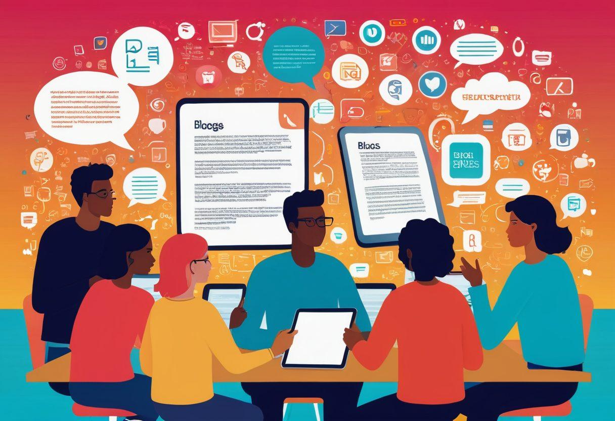An engaging illustration showcasing a diverse group of people passionately discussing around a large digital tablet, filled with vibrant words and colorful icons representing blogs and ideas. The background features a cozy coffee shop ambiance, symbolizing community and creativity. Include elements like floating chat bubbles and books to represent publishing and discussions. bright and inviting colors. vector art.